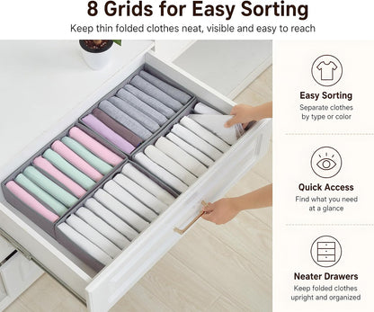 4 Pack Drawer Organizers for Clothing, 8 Grids Foldable Closet Organizers and Storage Bins for Bedroom, Dresser Organizer Boxes for Thin T-shirts, Tank Tops, Camisoles, Tights, Leggings