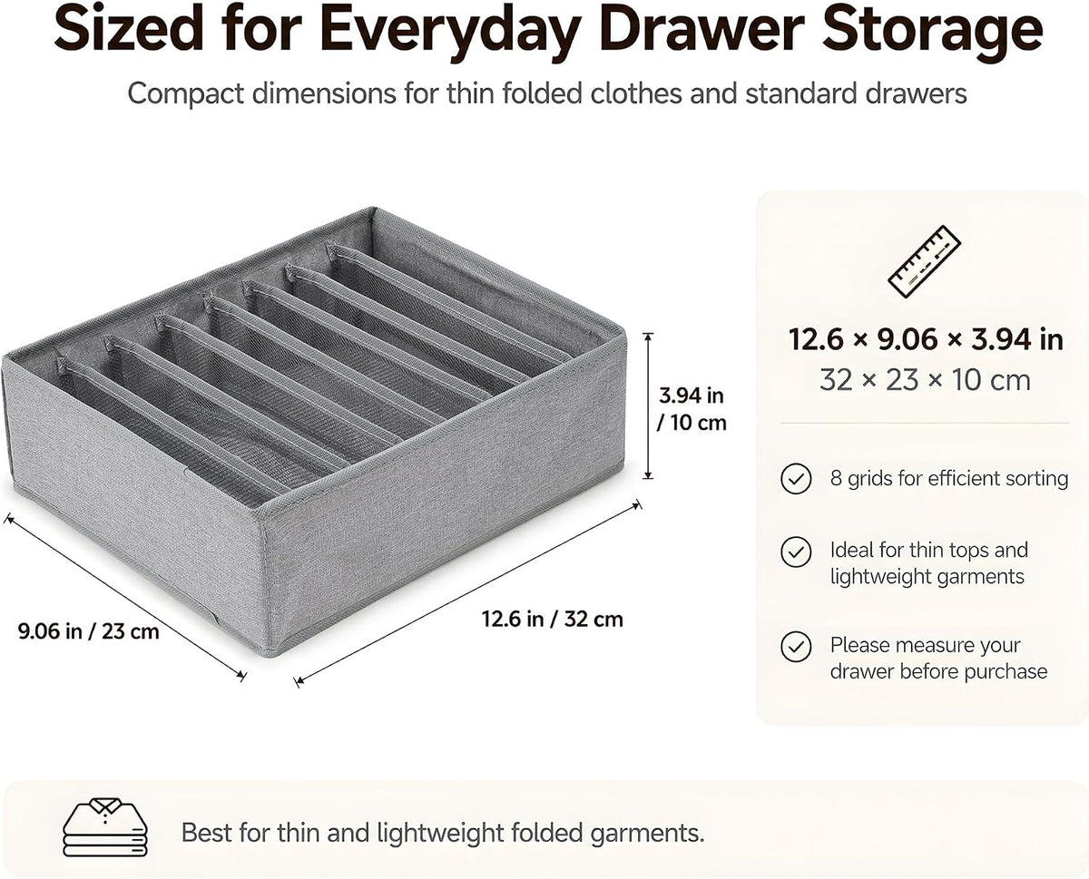 4 Pack Drawer Organizers for Clothing, 8 Grids Foldable Closet Organizers and Storage Bins for Bedroom, Dresser Organizer Boxes for Thin T-shirts, Tank Tops, Camisoles, Tights, Leggings