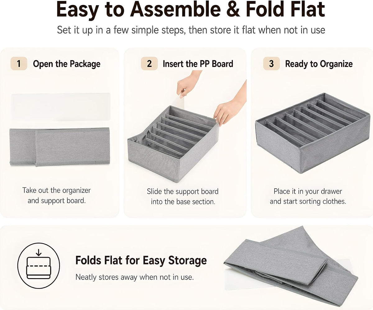4 Pack Drawer Organizers for Clothing, 8 Grids Foldable Closet Organizers and Storage Bins for Bedroom, Dresser Organizer Boxes for Thin T-shirts, Tank Tops, Camisoles, Tights, Leggings
