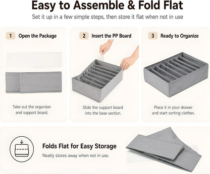 4 Pack Drawer Organizers for Clothing, 8 Grids Foldable Closet Organizers and Storage Bins for Bedroom, Dresser Organizer Boxes for Thin T-shirts, Tank Tops, Camisoles, Tights, Leggings