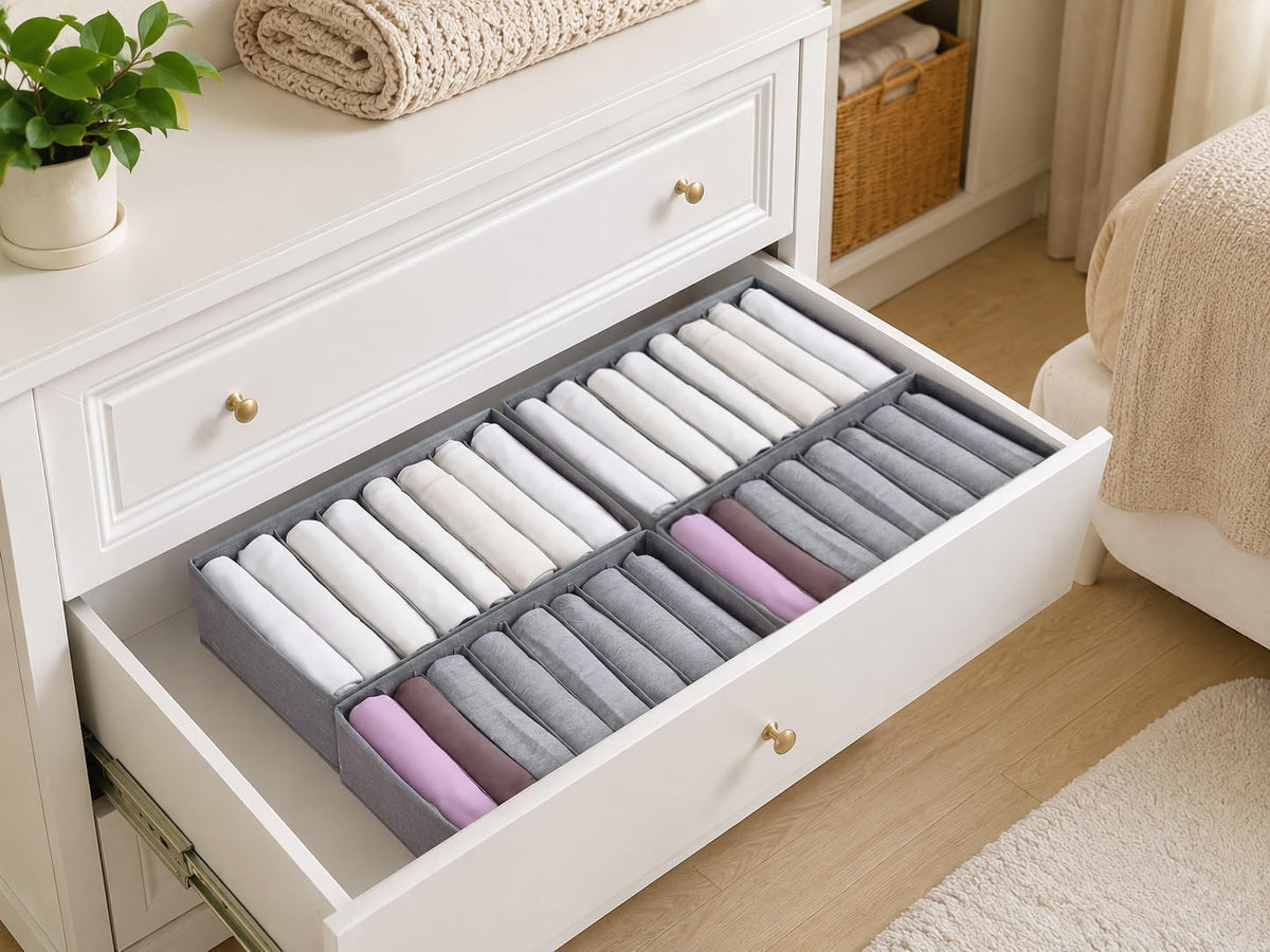 4 Pack Drawer Organizers for Clothing, 8 Grids Foldable Closet Organizers and Storage Bins for Bedroom, Dresser Organizer Boxes for Thin T-shirts, Tank Tops, Camisoles, Tights, Leggings