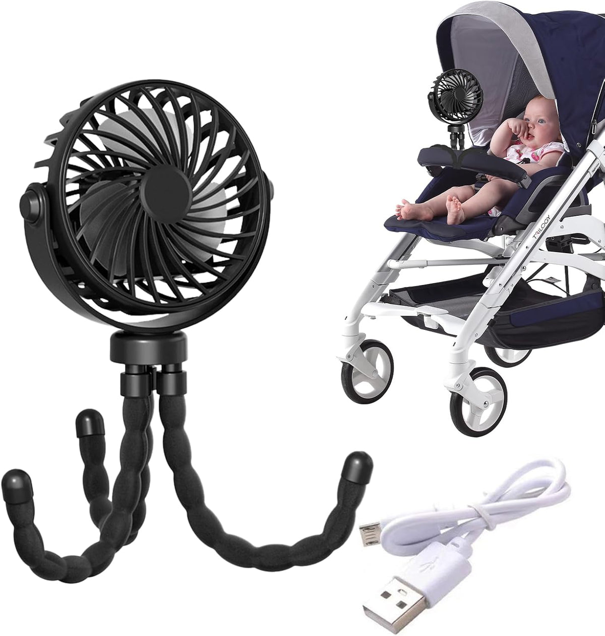 Portable Stroller Fan, USB Rechargeable Flexible Tripod Clip On Fan For Baby Stroller Car Seat, 3 Speeds Adjustable Personal Cooler