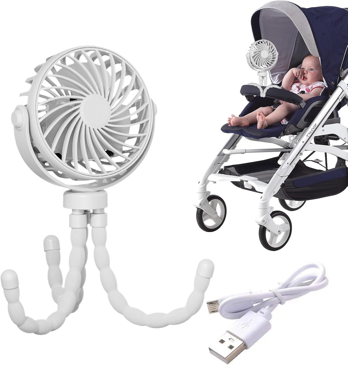 Portable Stroller Fan, USB Rechargeable Flexible Tripod Clip On Fan For Baby Stroller Car Seat, 3 Speeds Adjustable Personal Cooler