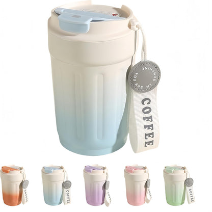 14oz Portable Vacuum Insulated Coffee Mug, Ceramic Lined Travel Cup | Gradient finish;Leakproof lid;Grooved non-slip grip;Carry strap;Easy-clean parts;For coffee, milk, tea and juice