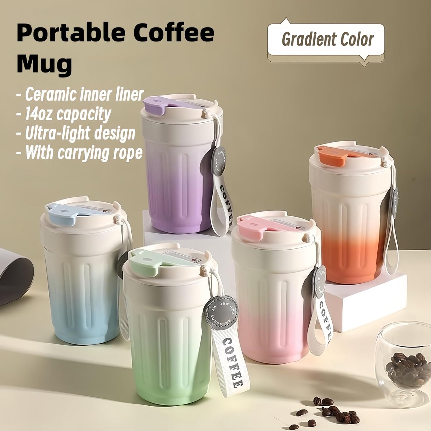 14oz Portable Vacuum Insulated Coffee Mug, Ceramic Lined Travel Cup | Gradient finish;Leakproof lid;Grooved non-slip grip;Carry strap;Easy-clean parts;For coffee, milk, tea and juice