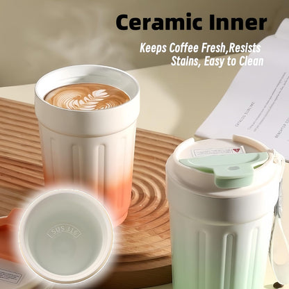 14oz Portable Vacuum Insulated Coffee Mug, Ceramic Lined Travel Cup | Gradient finish;Leakproof lid;Grooved non-slip grip;Carry strap;Easy-clean parts;For coffee, milk, tea and juice