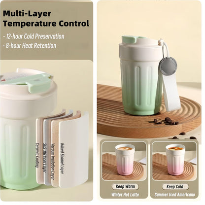 14oz Portable Vacuum Insulated Coffee Mug, Ceramic Lined Travel Cup | Gradient finish;Leakproof lid;Grooved non-slip grip;Carry strap;Easy-clean parts;For coffee, milk, tea and juice