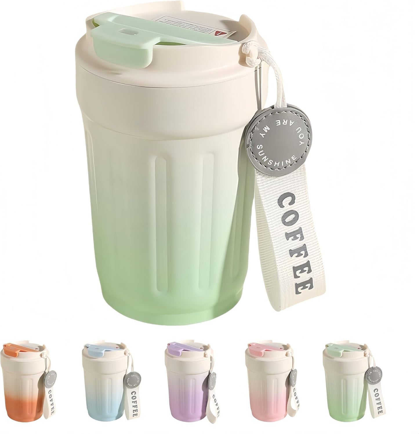 14oz Portable Vacuum Insulated Coffee Mug, Ceramic Lined Travel Cup | Gradient finish;Leakproof lid;Grooved non-slip grip;Carry strap;Easy-clean parts;For coffee, milk, tea and juice