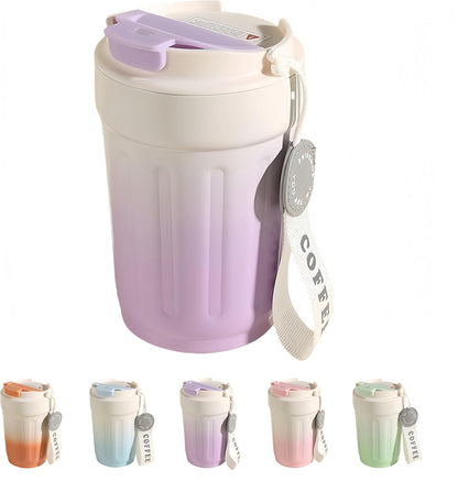 14oz Portable Vacuum Insulated Coffee Mug, Ceramic Lined Travel Cup | Gradient finish;Leakproof lid;Grooved non-slip grip;Carry strap;Easy-clean parts;For coffee, milk, tea and juice