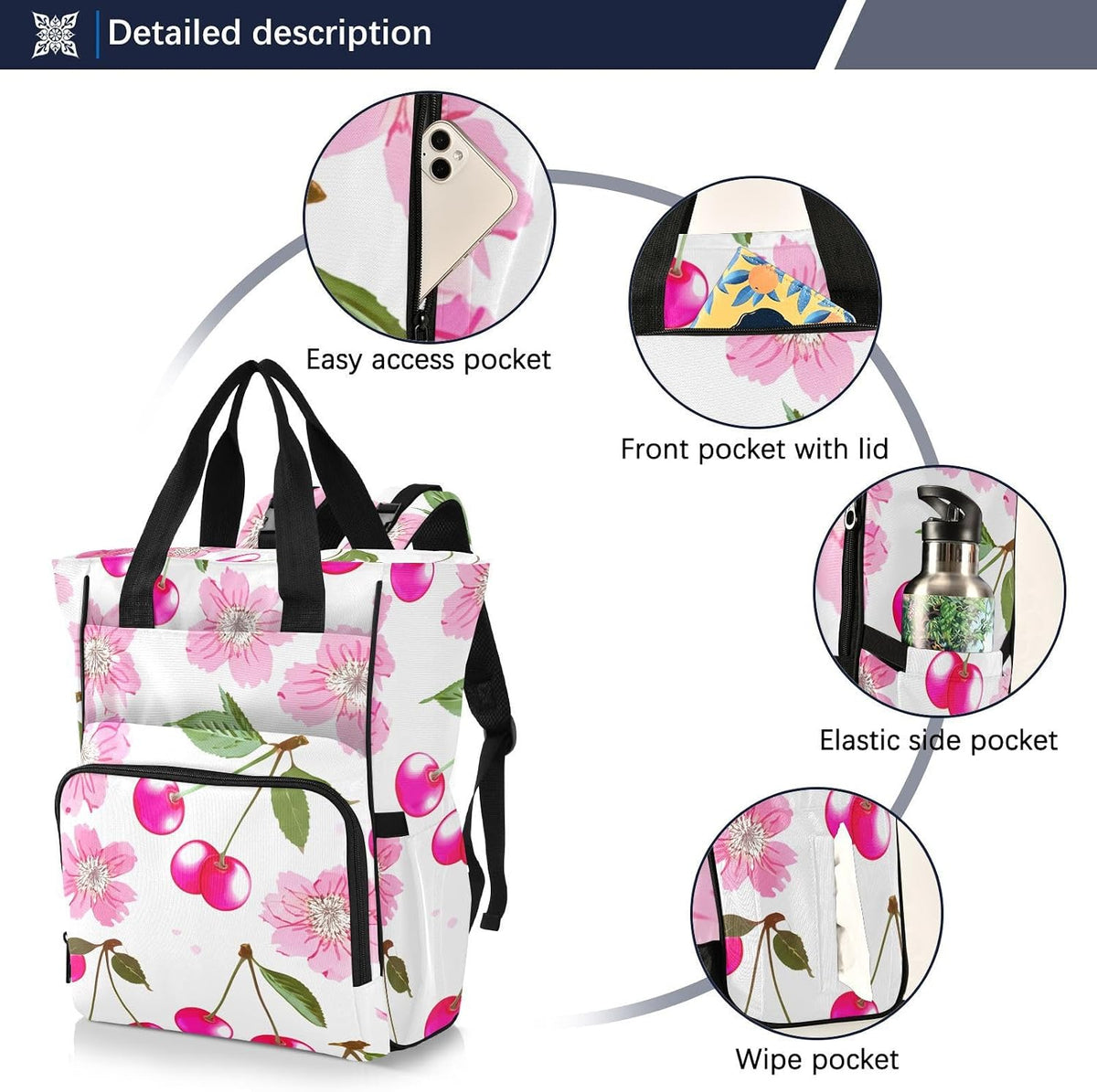 Diaper Bag Backpack, Multifunction Travel Bag for Moms Dads, Baby Changing Bag with Insulted Pockets, Stroller Straps and Side Bottle Pockets Blossom Berry Pattern