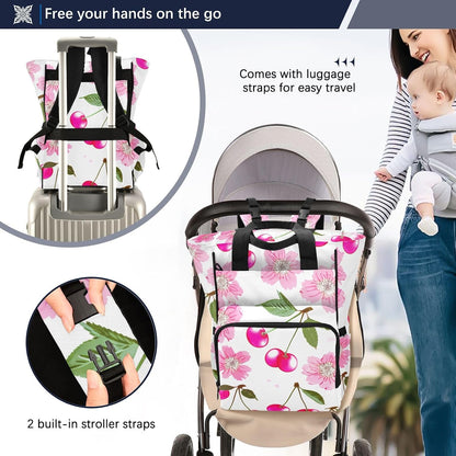 Diaper Bag Backpack, Multifunction Travel Bag for Moms Dads, Baby Changing Bag with Insulted Pockets, Stroller Straps and Side Bottle Pockets Blossom Berry Pattern