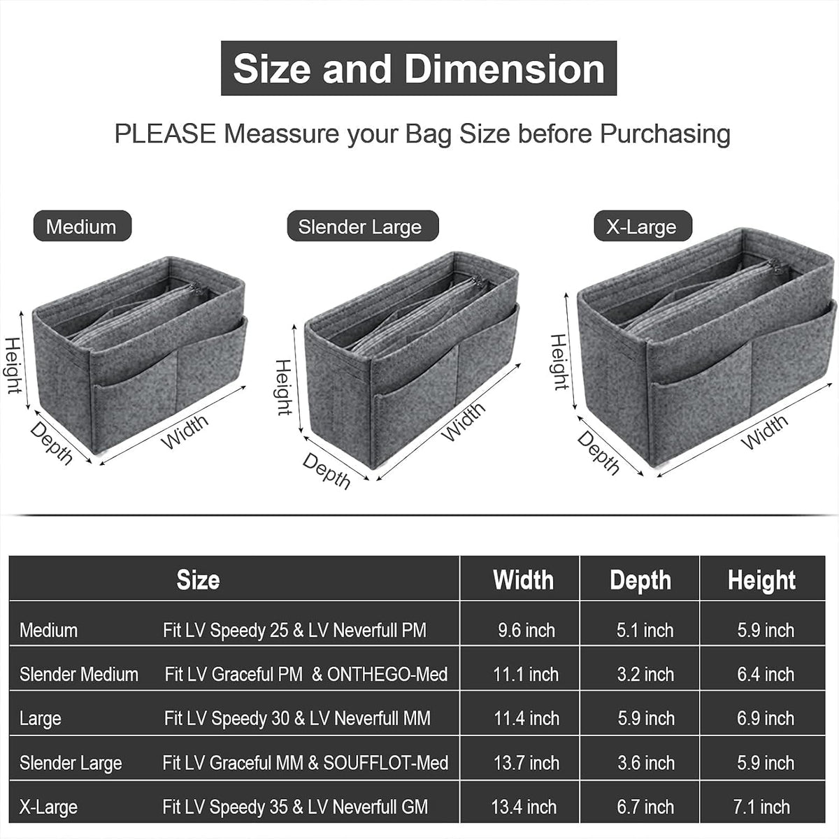 Purse Organizer Insert, Felt Tote Bag Organizer Insert with 5 Sizes, Handbag Dividers for Inside Purse, Compatible with Longchamp, Neverful, Speedy and More