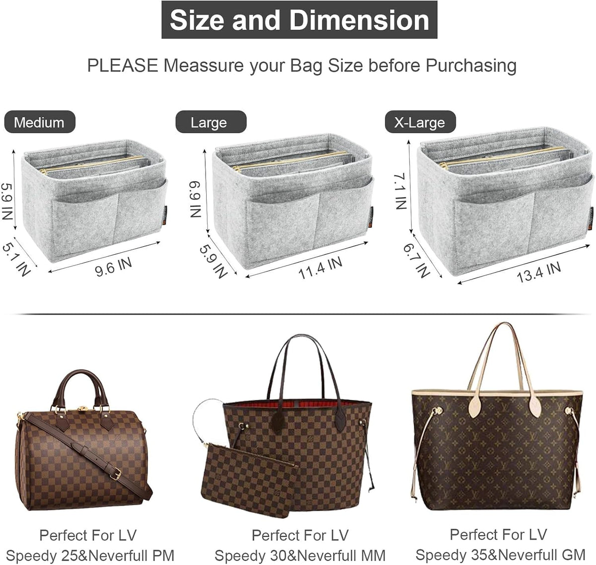 Purse Organizer Insert, Felt Tote Bag Organizer Insert with 5 Sizes, Handbag Dividers for Inside Purse, Compatible with Longchamp, Neverful, Speedy and More