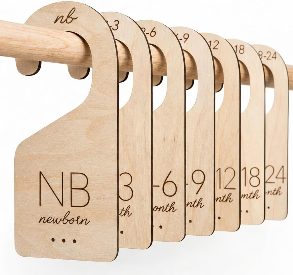 Baby Closet Dividers in Natural Birch Wood - Wooden Nursery Closet Organizer with Etched Labels for Newborn to 24 Months - 7 Piece Gift Set