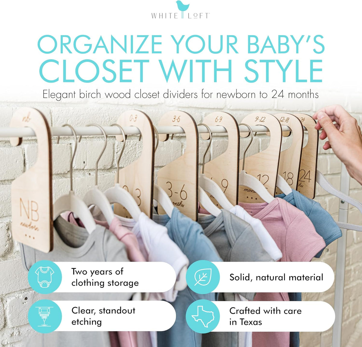 Baby Closet Dividers in Natural Birch Wood - Wooden Nursery Closet Organizer with Etched Labels for Newborn to 24 Months - 7 Piece Gift Set