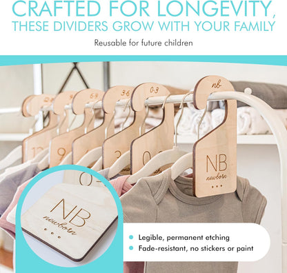 Baby Closet Dividers in Natural Birch Wood - Wooden Nursery Closet Organizer with Etched Labels for Newborn to 24 Months - 7 Piece Gift Set