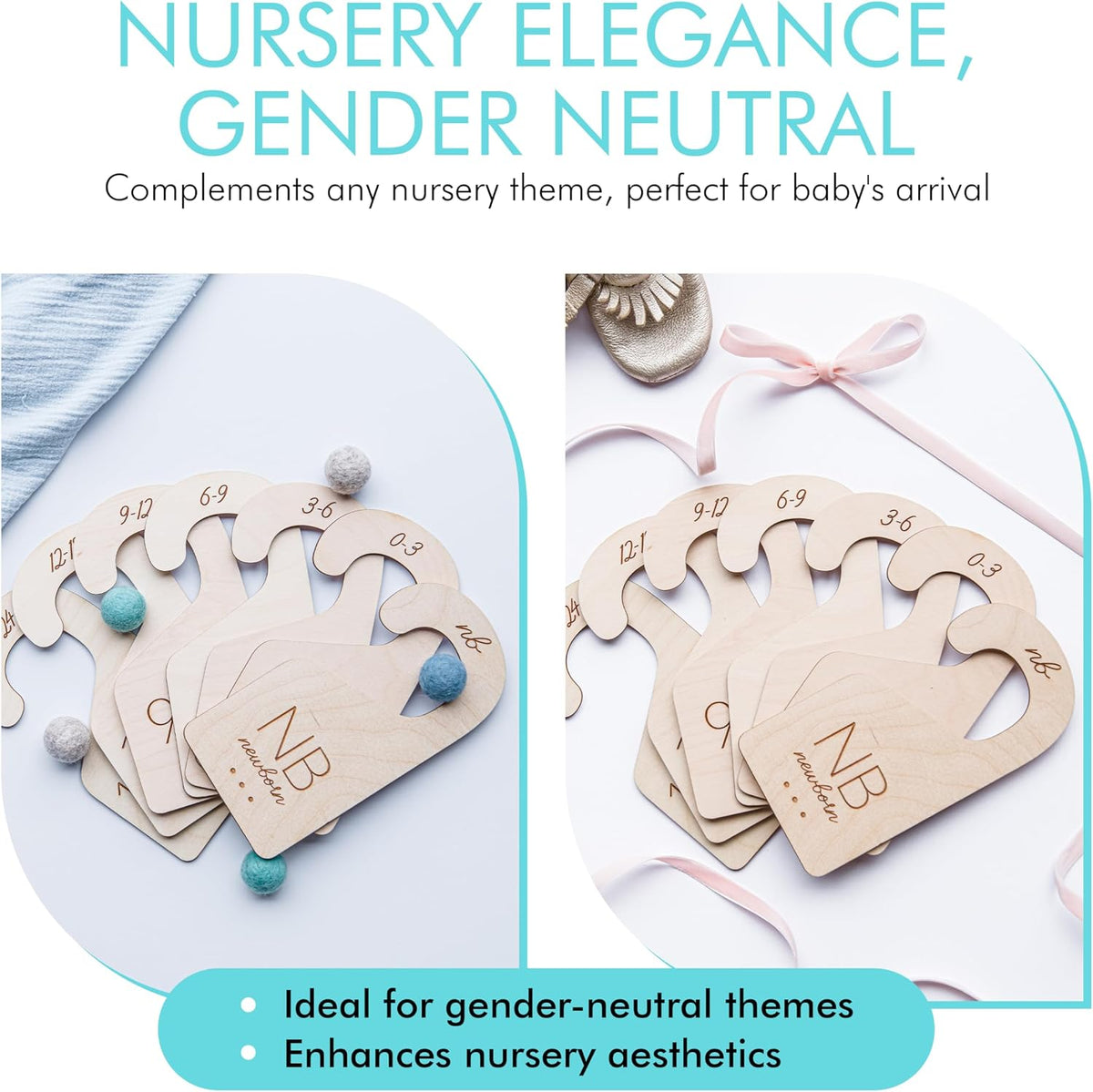 Baby Closet Dividers in Natural Birch Wood - Wooden Nursery Closet Organizer with Etched Labels for Newborn to 24 Months - 7 Piece Gift Set