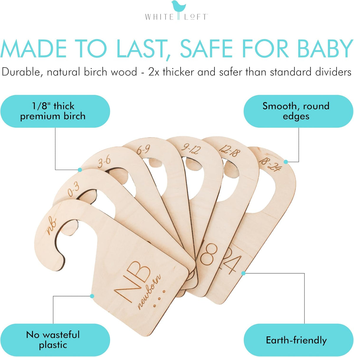 Baby Closet Dividers in Natural Birch Wood - Wooden Nursery Closet Organizer with Etched Labels for Newborn to 24 Months - 7 Piece Gift Set