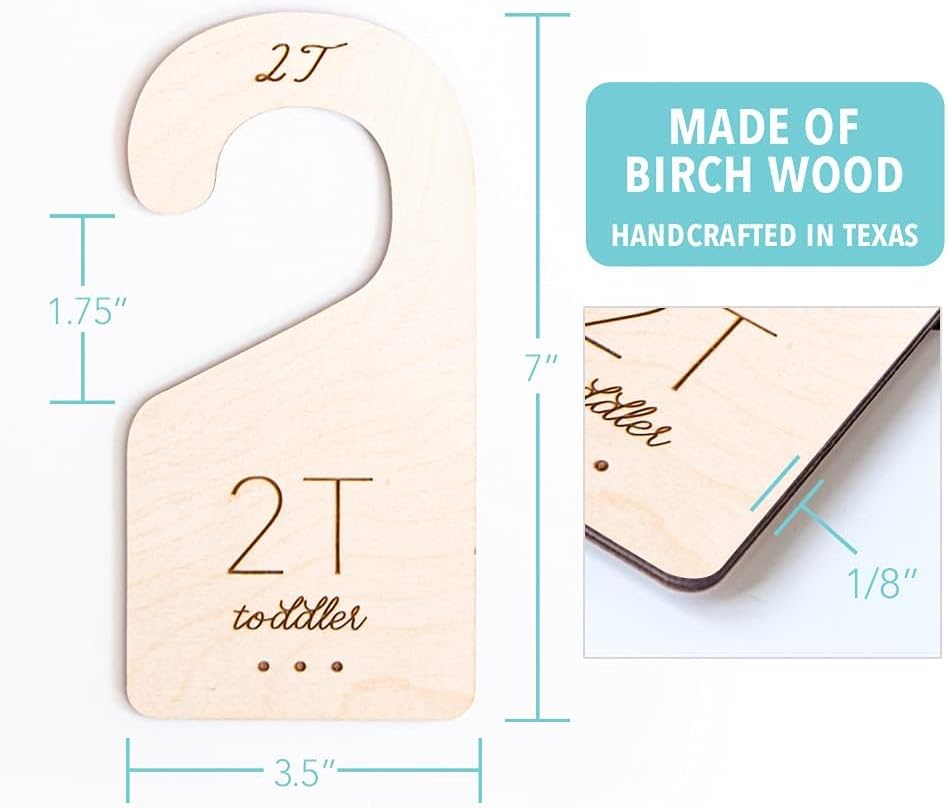Baby Closet Dividers in Natural Birch Wood - Wooden Nursery Closet Organizer with Etched Labels for Newborn to 24 Months - 7 Piece Gift Set