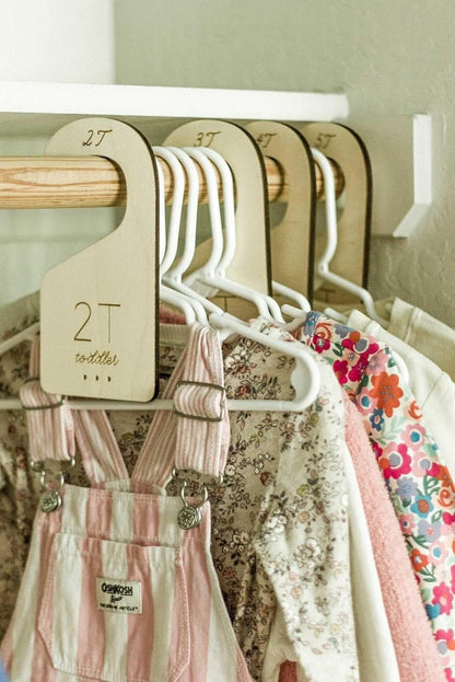 Baby Closet Dividers in Natural Birch Wood - Wooden Nursery Closet Organizer with Etched Labels for Newborn to 24 Months - 7 Piece Gift Set