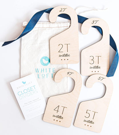 Baby Closet Dividers in Natural Birch Wood - Wooden Nursery Closet Organizer with Etched Labels for Newborn to 24 Months - 7 Piece Gift Set