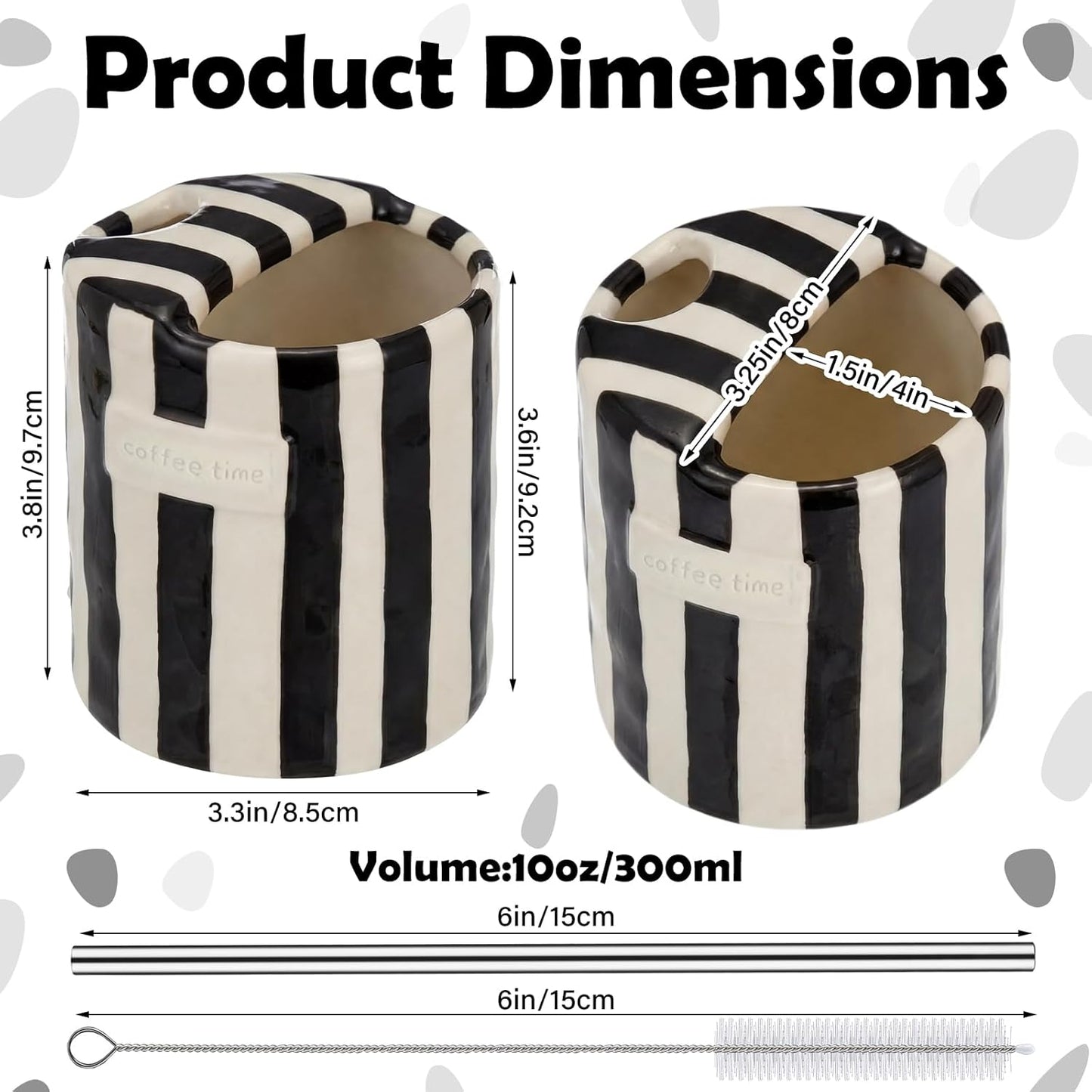 2 Pack Ceramic Mug with Sip Hole, Simple, Green, Brown | 10oz Ceramic Coffee Cup with Straws, Retro Hand Painted Striped, for Iced Coffee Tea Latte Espresso, Kitchen Dining Travel