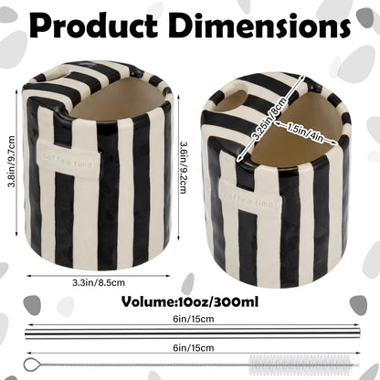 2 Pack Ceramic Mug with Sip Hole, Simple, Green, Brown | 10oz Ceramic Coffee Cup with Straws, Retro Hand Painted Striped, for Iced Coffee Tea Latte Espresso, Kitchen Dining Travel
