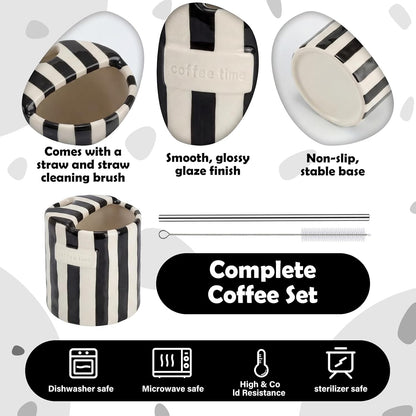 2 Pack Ceramic Mug with Sip Hole, Simple, Green, Brown | 10oz Ceramic Coffee Cup with Straws, Retro Hand Painted Striped, for Iced Coffee Tea Latte Espresso, Kitchen Dining Travel