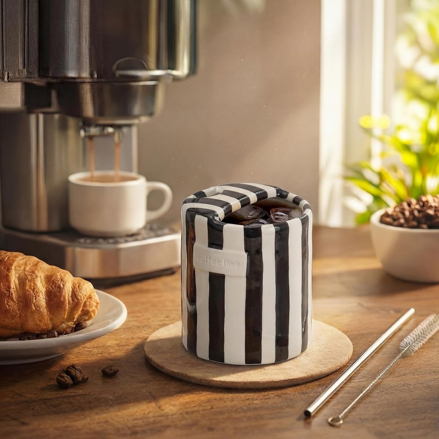 2 Pack Ceramic Mug with Sip Hole, Simple, Green, Brown | 10oz Ceramic Coffee Cup with Straws, Retro Hand Painted Striped, for Iced Coffee Tea Latte Espresso, Kitchen Dining Travel