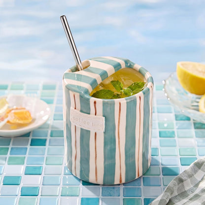 2 Pack Ceramic Mug with Sip Hole, Simple, Green, Brown | 10oz Ceramic Coffee Cup with Straws, Retro Hand Painted Striped, for Iced Coffee Tea Latte Espresso, Kitchen Dining Travel