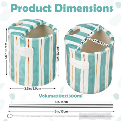 2 Pack Ceramic Mug with Sip Hole, Simple, Green, Brown | 10oz Ceramic Coffee Cup with Straws, Retro Hand Painted Striped, for Iced Coffee Tea Latte Espresso, Kitchen Dining Travel