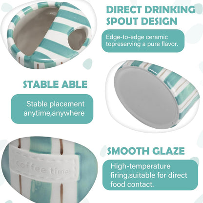 2 Pack Ceramic Mug with Sip Hole, Simple, Green, Brown | 10oz Ceramic Coffee Cup with Straws, Retro Hand Painted Striped, for Iced Coffee Tea Latte Espresso, Kitchen Dining Travel