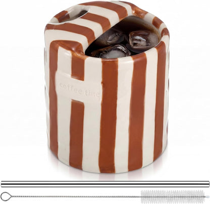 2 Pack Ceramic Mug with Sip Hole, Simple, Green, Brown | 10oz Ceramic Coffee Cup with Straws, Retro Hand Painted Striped, for Iced Coffee Tea Latte Espresso, Kitchen Dining Travel