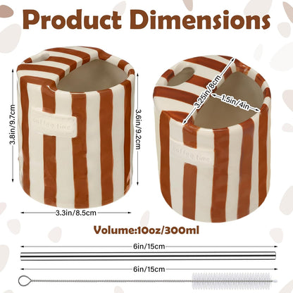 2 Pack Ceramic Mug with Sip Hole, Simple, Green, Brown | 10oz Ceramic Coffee Cup with Straws, Retro Hand Painted Striped, for Iced Coffee Tea Latte Espresso, Kitchen Dining Travel