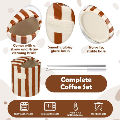 2 Pack Ceramic Mug with Sip Hole, Simple, Green, Brown | 10oz Ceramic Coffee Cup with Straws, Retro Hand Painted Striped, for Iced Coffee Tea Latte Espresso, Kitchen Dining Travel
