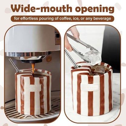 2 Pack Ceramic Mug with Sip Hole, Simple, Green, Brown | 10oz Ceramic Coffee Cup with Straws, Retro Hand Painted Striped, for Iced Coffee Tea Latte Espresso, Kitchen Dining Travel