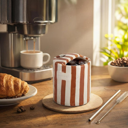 2 Pack Ceramic Mug with Sip Hole, Simple, Green, Brown | 10oz Ceramic Coffee Cup with Straws, Retro Hand Painted Striped, for Iced Coffee Tea Latte Espresso, Kitchen Dining Travel