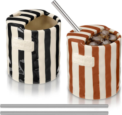 2 Pack Ceramic Mug with Sip Hole, Simple, Green, Brown | 10oz Ceramic Coffee Cup with Straws, Retro Hand Painted Striped, for Iced Coffee Tea Latte Espresso, Kitchen Dining Travel