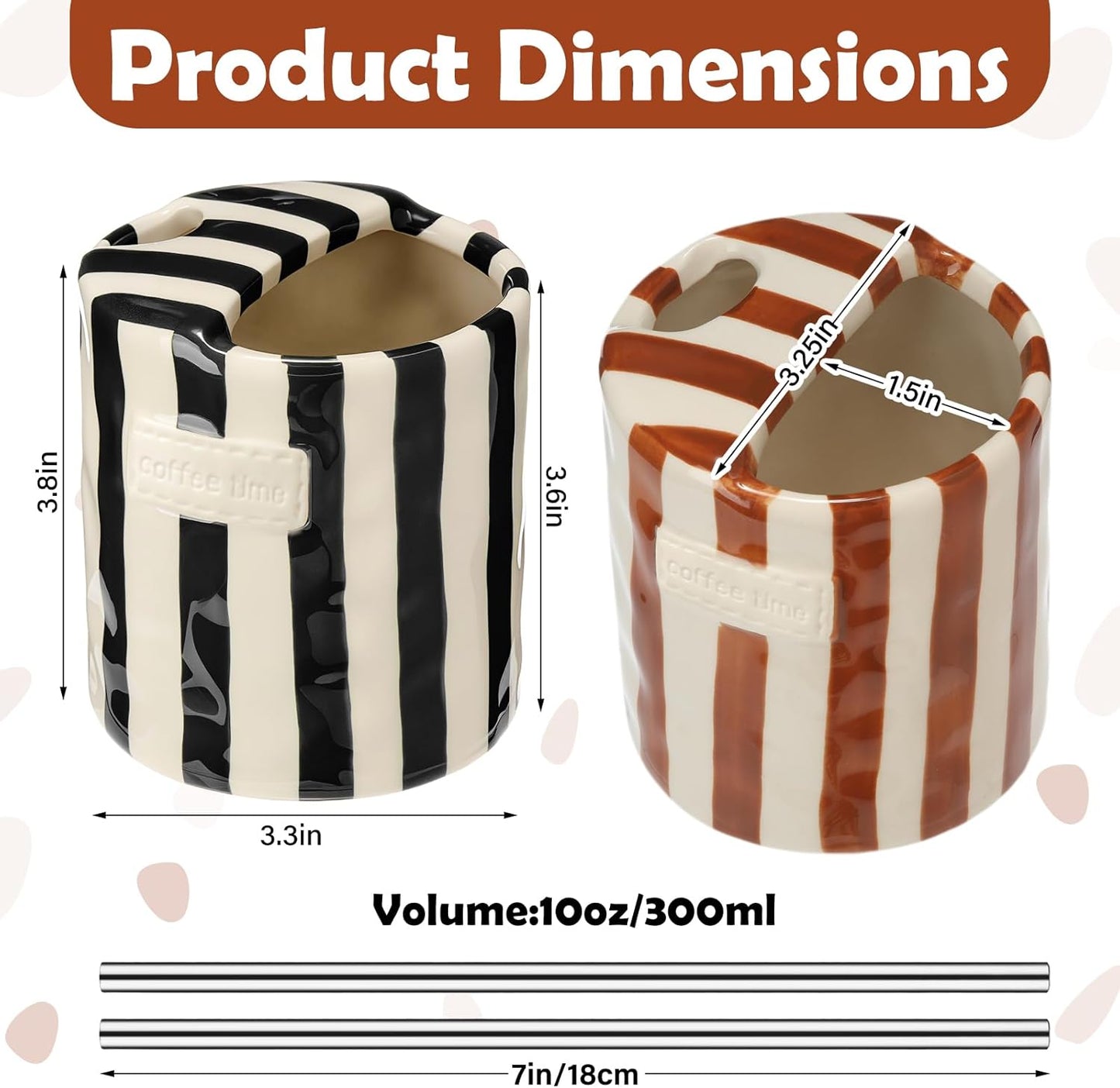 2 Pack Ceramic Mug with Sip Hole, Simple, Green, Brown | 10oz Ceramic Coffee Cup with Straws, Retro Hand Painted Striped, for Iced Coffee Tea Latte Espresso, Kitchen Dining Travel