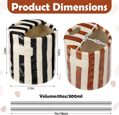 2 Pack Ceramic Mug with Sip Hole, Simple, Green, Brown | 10oz Ceramic Coffee Cup with Straws, Retro Hand Painted Striped, for Iced Coffee Tea Latte Espresso, Kitchen Dining Travel