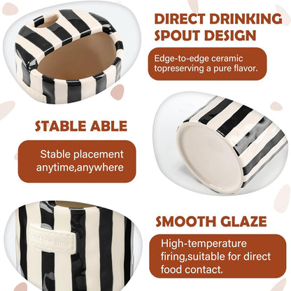 2 Pack Ceramic Mug with Sip Hole, Simple, Green, Brown | 10oz Ceramic Coffee Cup with Straws, Retro Hand Painted Striped, for Iced Coffee Tea Latte Espresso, Kitchen Dining Travel