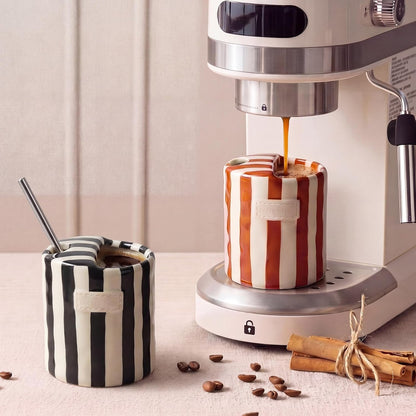 2 Pack Ceramic Mug with Sip Hole, Simple, Green, Brown | 10oz Ceramic Coffee Cup with Straws, Retro Hand Painted Striped, for Iced Coffee Tea Latte Espresso, Kitchen Dining Travel