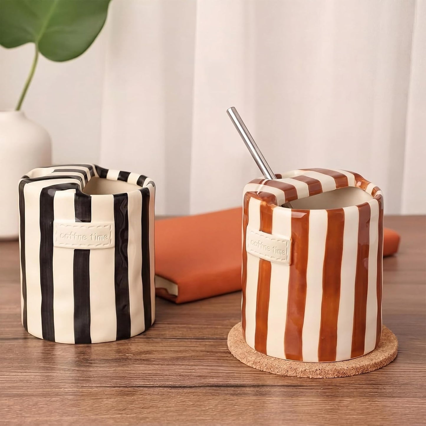 2 Pack Ceramic Mug with Sip Hole, Simple, Green, Brown | 10oz Ceramic Coffee Cup with Straws, Retro Hand Painted Striped, for Iced Coffee Tea Latte Espresso, Kitchen Dining Travel