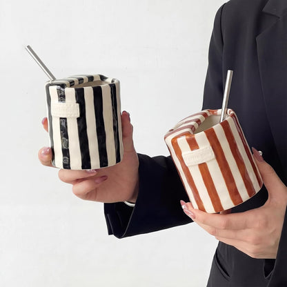2 Pack Ceramic Mug with Sip Hole, Simple, Green, Brown | 10oz Ceramic Coffee Cup with Straws, Retro Hand Painted Striped, for Iced Coffee Tea Latte Espresso, Kitchen Dining Travel