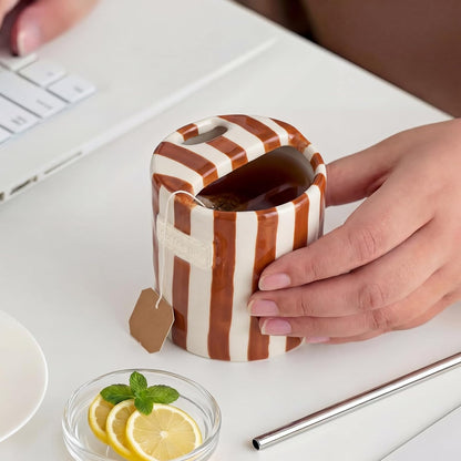 2 Pack Ceramic Mug with Sip Hole, Simple, Green, Brown | 10oz Ceramic Coffee Cup with Straws, Retro Hand Painted Striped, for Iced Coffee Tea Latte Espresso, Kitchen Dining Travel