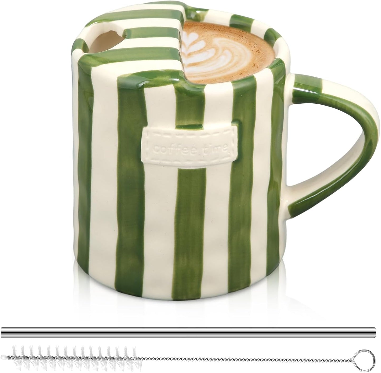 2 Pack Ceramic Mug with Sip Hole, Simple, Green, Brown | 10oz Ceramic Coffee Cup with Straws, Retro Hand Painted Striped, for Iced Coffee Tea Latte Espresso, Kitchen Dining Travel
