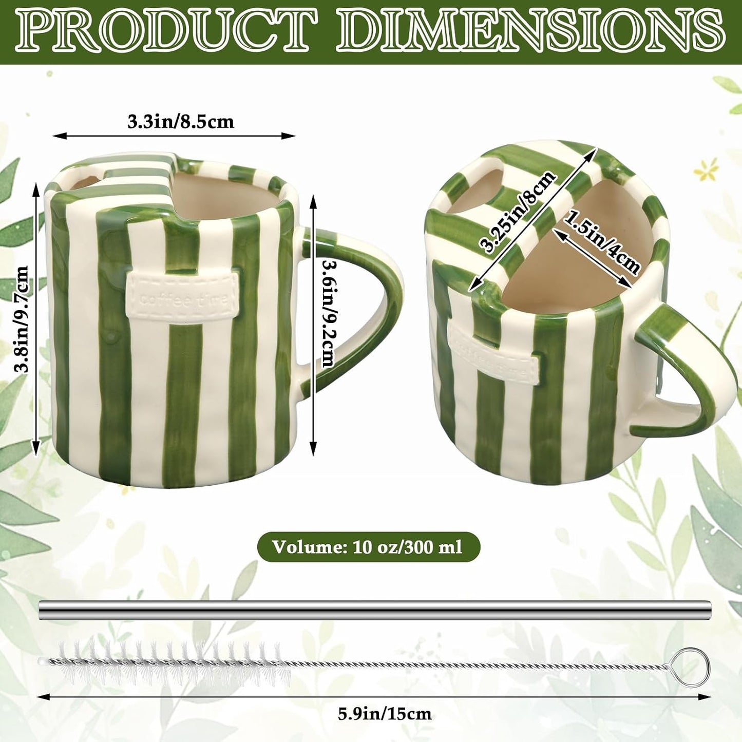 2 Pack Ceramic Mug with Sip Hole, Simple, Green, Brown | 10oz Ceramic Coffee Cup with Straws, Retro Hand Painted Striped, for Iced Coffee Tea Latte Espresso, Kitchen Dining Travel