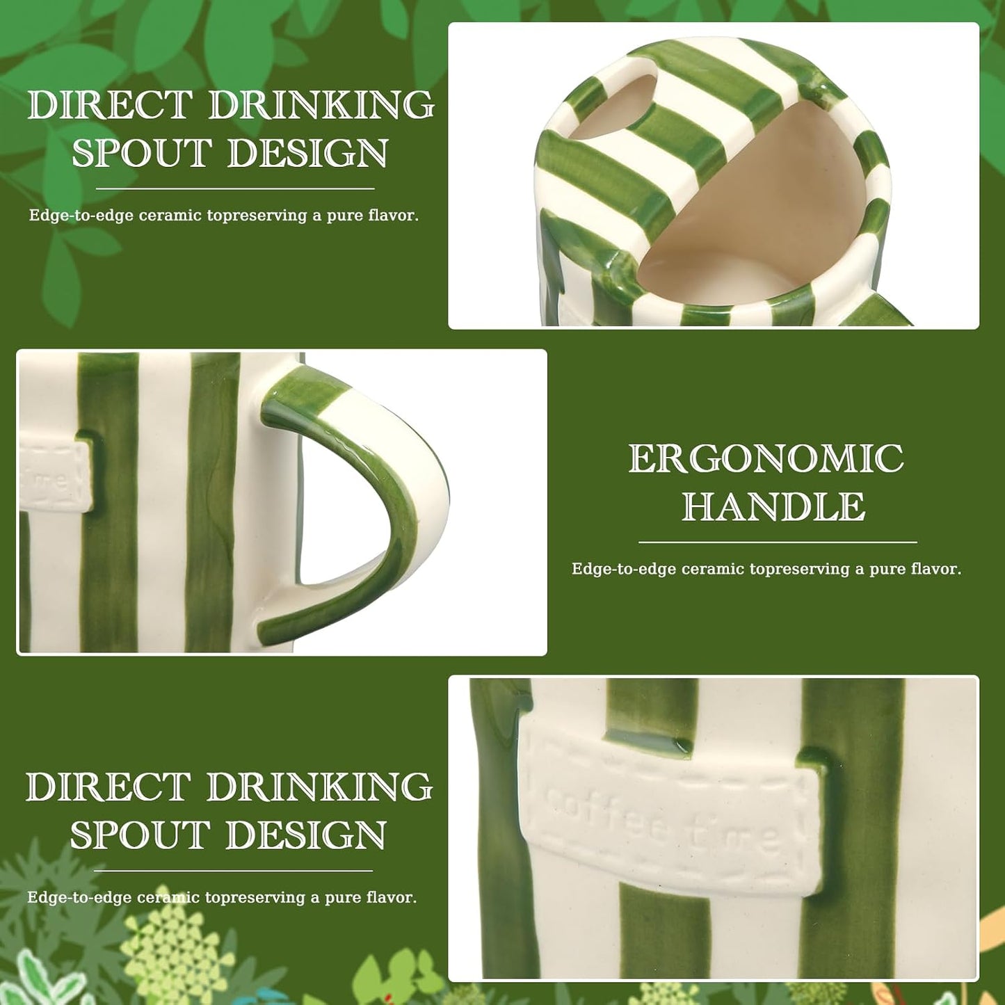 2 Pack Ceramic Mug with Sip Hole, Simple, Green, Brown | 10oz Ceramic Coffee Cup with Straws, Retro Hand Painted Striped, for Iced Coffee Tea Latte Espresso, Kitchen Dining Travel
