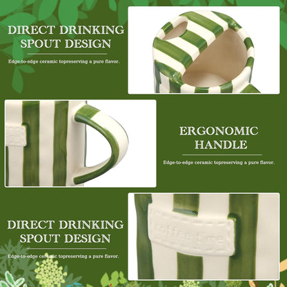 2 Pack Ceramic Mug with Sip Hole, Simple, Green, Brown | 10oz Ceramic Coffee Cup with Straws, Retro Hand Painted Striped, for Iced Coffee Tea Latte Espresso, Kitchen Dining Travel