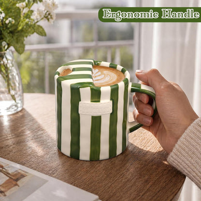 2 Pack Ceramic Mug with Sip Hole, Simple, Green, Brown | 10oz Ceramic Coffee Cup with Straws, Retro Hand Painted Striped, for Iced Coffee Tea Latte Espresso, Kitchen Dining Travel